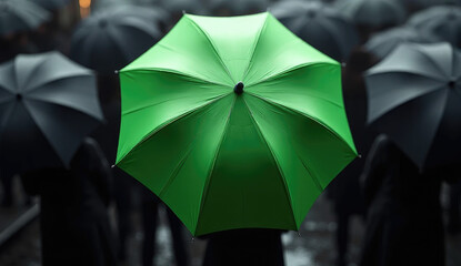 Green umbrella stand out from the crowd of many black umbrellas - being different concept 