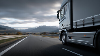 Naklejka premium Powerful metallic semi-trailer truck in motion on wide asphalt highway, polished wheels gleaming under sunlight, surrounded by fields and distant mountains representing freight, shipping, and mobility