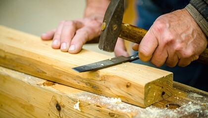 Close Up of Hands Using Mallet and Chisel on Wooden Block