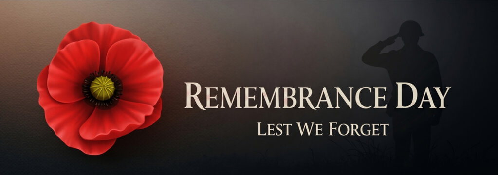 Remembrance Day Lest We Forget banner. A red poppy and a saluting soldier's silhouette.