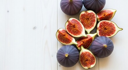 Fresh figs creatively arranged on a white wooden surface capturing the essence of healthy eating and culinary