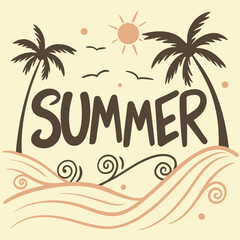 Minimal Summer Block Typography with Palm Trees and Waves