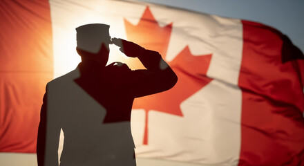 Silhouette of a saluting soldier against the Canadian flag. Canada's Remembrance Day and patriotism concept.