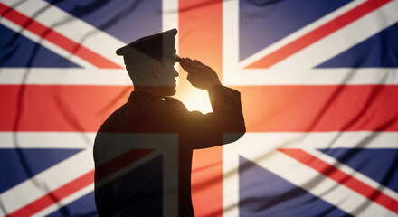 Silhouette of a saluting soldier against the British Union Jack flag. UK Remembrance Day concept.