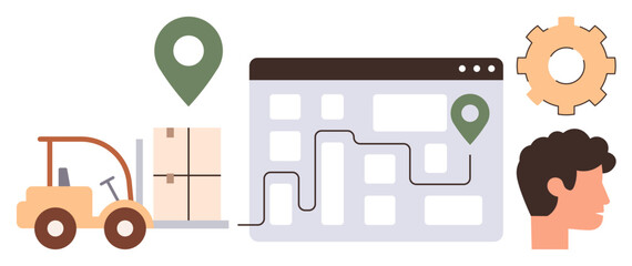 Fototapeta premium Forklift moving cargo near map with route, geolocation pin, gear wheel, and human profile. Ideal for logistics, transportation, route planning, warehouse, supply chain delivery and teamwork