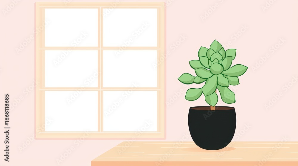 Poster stylish green succulent in black pot against soft pink background with empty window frame