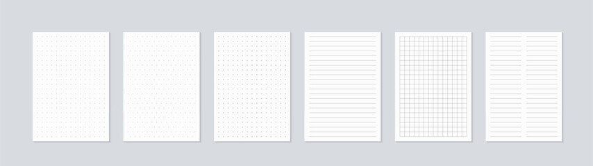 Set paper list with bullet journal, grid, line, isometric polka dot and cross template.