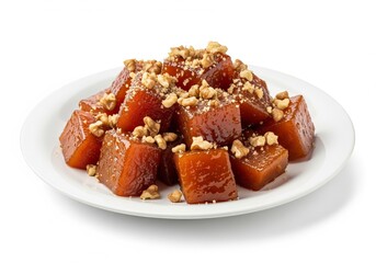 Candied Pumpkin Dessert with Walnut Topping on White Plate