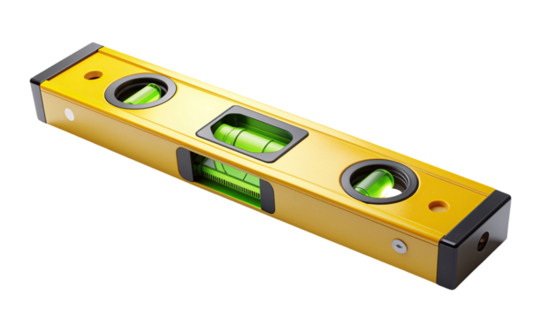 Yellow spirit level tool for construction and measurement isolated on white background
