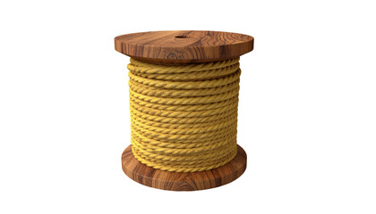 Wooden spool wrapped with yellow rope for crafting and utility isolated on white background