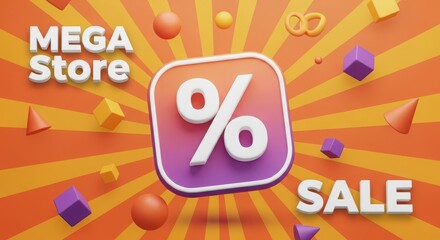 Fototapeta premium 3d illustration of mega store sale with percentage symbol and geometric shapes on a striped orange background
