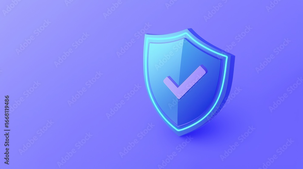 Poster 3d shield symbol representing security and trust with a check mark on a purple background