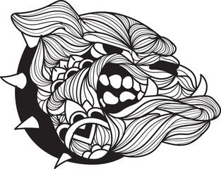 Stylized black and white bulldog head illustration with intricate zentangle patterns and an aggressive expression, wearing a spiked collar.