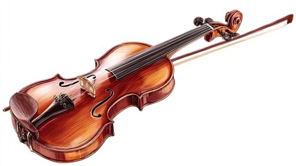 Obraz premium Brown wooden violin with a bow resting on it, angled to the right