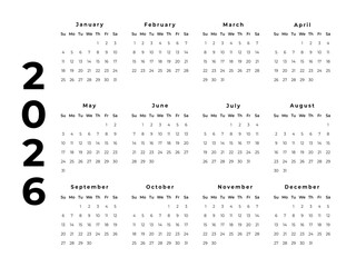 Calendar 2026, Week Starts Sunday, One Page. Design Planner Template. Print. 