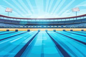 Vibrant Swimming Pool in Modern Stadium with Bright Blue Water and Sunny Sky Background