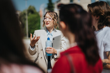 An engaging session with a teacher explaining to students in a park-like setting. Captures a professional yet casual outdoor meeting, emphasizing effective communication and interactive learning.