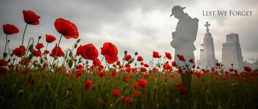 Lest We Forget banner with soldier and Memorial. Double exposure over a poppy field. Remembrance Day, Poppy Day, Veterans Day, Memorial Day - Powered by Adobe
