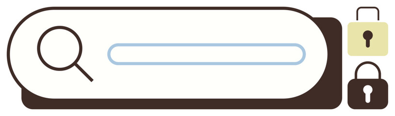 Search bar with magnifying glass for browsing and padlocks for security features. Ideal for privacy, online safety, secure browsing, data protection, cybersecurity, search engine, simple flat