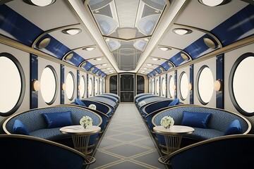Luxurious vintage train carriage interior with blue seating