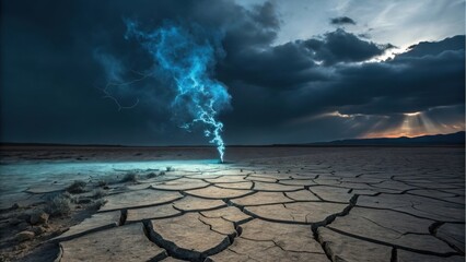 Dramatic lightning strike illuminates cracked dry earth under stormy sky