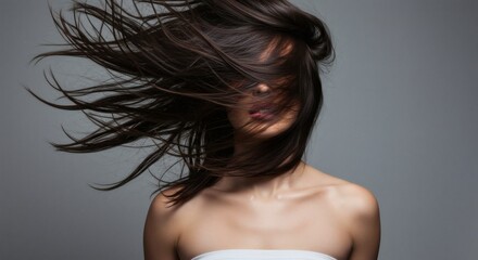 Fototapeta premium Brunettes Dance Hair flowing with beauty unveiled on a gray studio backdrop.
