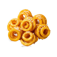 Fototapeta premium Golden, crispy curly fries with distinct spirals and glistening sea salt on a transparent ceramic plate, against a clean transparent studio background with diffused lighting. Culinary perfection