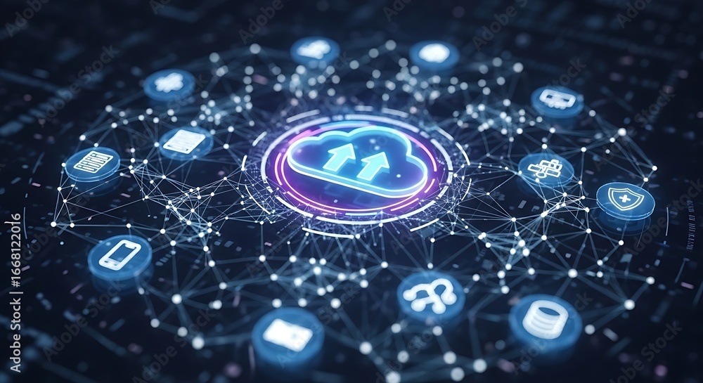 Poster cloud computing network with upload arrows and data icons, glowing purple