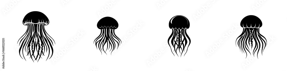 Aufkleber unique jellyfish designs showcasing different shapes and tentacle patterns in a minimalist style on 