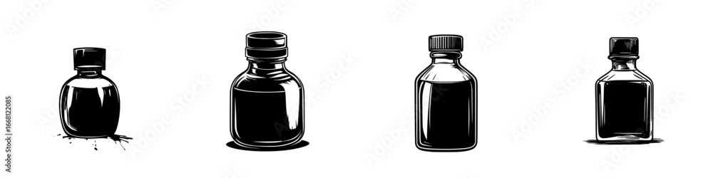 Poster four distinct glass bottles showcasing various shapes and sizes on a minimalistic background in blac