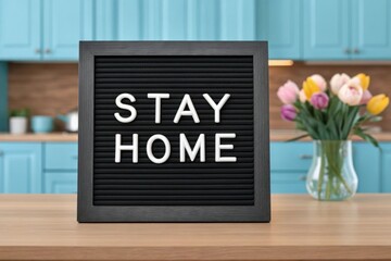 Black letter board with white letters spelling S T A Y H O M E on wooden table