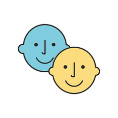 Fototapeta premium Two stylized faces with smiling expressions in blue and yellow.