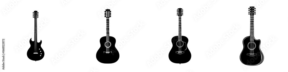 Poster various guitar silhouettes displayed in a row showcasing different styles and designs in a minimalis