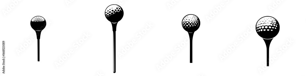 Poster various golf tees arranged in a row showing different designs and patterns for golfing setups on a g