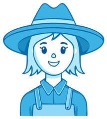 Cartoon woman farmer with blue hat and overalls smiling. Illustration of a female farm worker in vintage clothing and friendly expression.