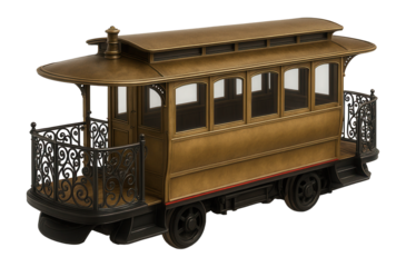 Retro tram with open platform and wrought iron railings