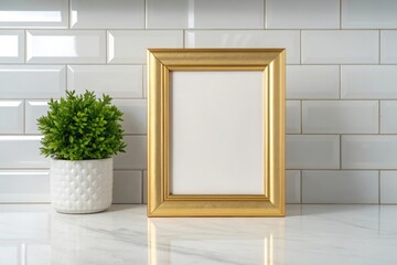 Golden picture frame with green plant on white marble and subway tile background