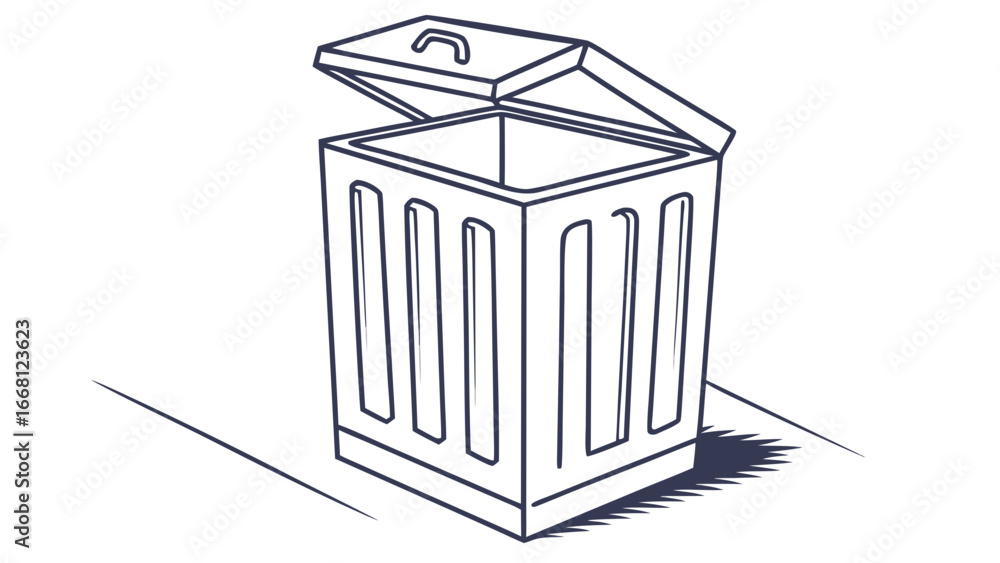Poster a simple line drawing illustration of an open trash can with a lid casting a shadow on a white backg