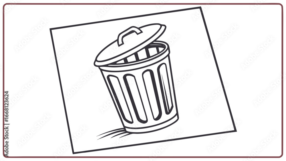 Poster a simple line drawing of an open trash can with a handle tilted on a white background with a dark bo