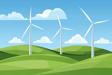 Vibrant Landscape with Wind Turbines Under Clear Blue Sky and Soft Clouds at Daytime