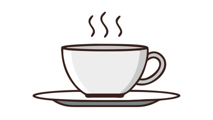 A simple and clean illustration of a white coffee cup with a handle and saucer emitting wisps of steam against a stark black background