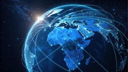 Fototapeta premium Global network connecting continents with bright light lines on dark background