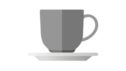 Simple flat design illustration of a grey coffee mug with a handle resting on a white saucer against a black background