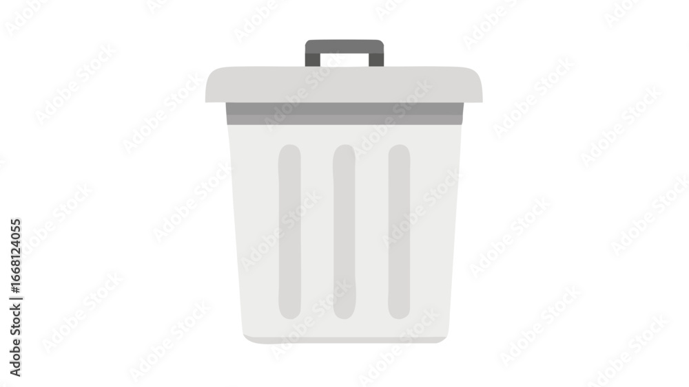 Poster a simple clean and modern flat design illustration of a white trash can with a grey lid and handle i