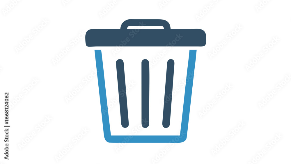 Poster a simple flat design icon of a blue and dark gray trash can with a handle and a lid isolated on a bl