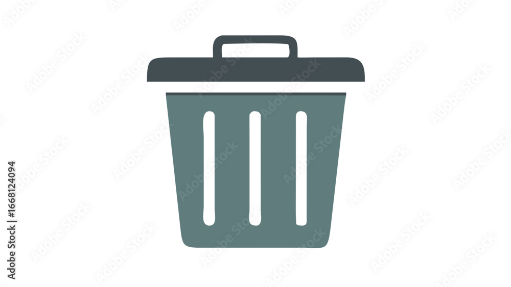 Poster a simple flat design illustration of a gray trash can with a dark gray lid and a black background re