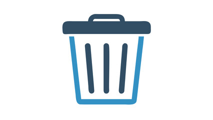 A simple flat design icon of a blue and dark gray trash can with a handle and a lid isolated on a black background for digital use