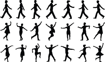 Silhouettes of walking and dancing people, casual and elegant movement poses, group character actions, isolated vector illustrations for design, motion concept art.