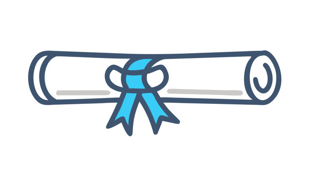 A stylized illustration of a rolled diploma or certificate tied with a blue ribbon and bow symbolizing academic achievement and graduation