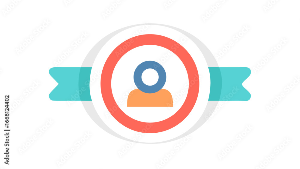 Poster stylized flat design icon featuring a user profile silhouette within a circular badge with a teal ri